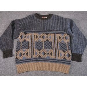 Samband of Iceland Mens Wool Sweater Vintage Nordic Geometric Blue Small #2253
